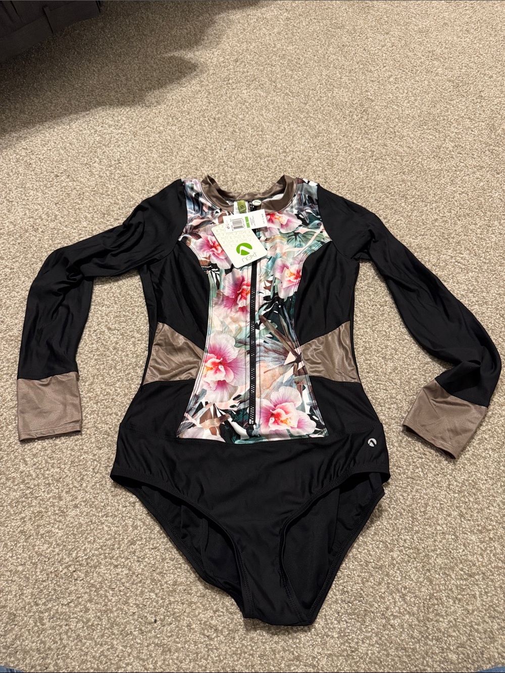 NWT next Black Long-Sleeve One-Piece Swim with Floral Front Panel
